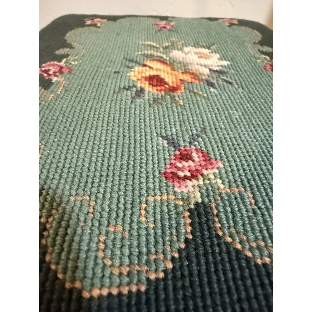 Vintage Floral Needlepoint Footstool Wood Rectangular  Green‎ ~9x12